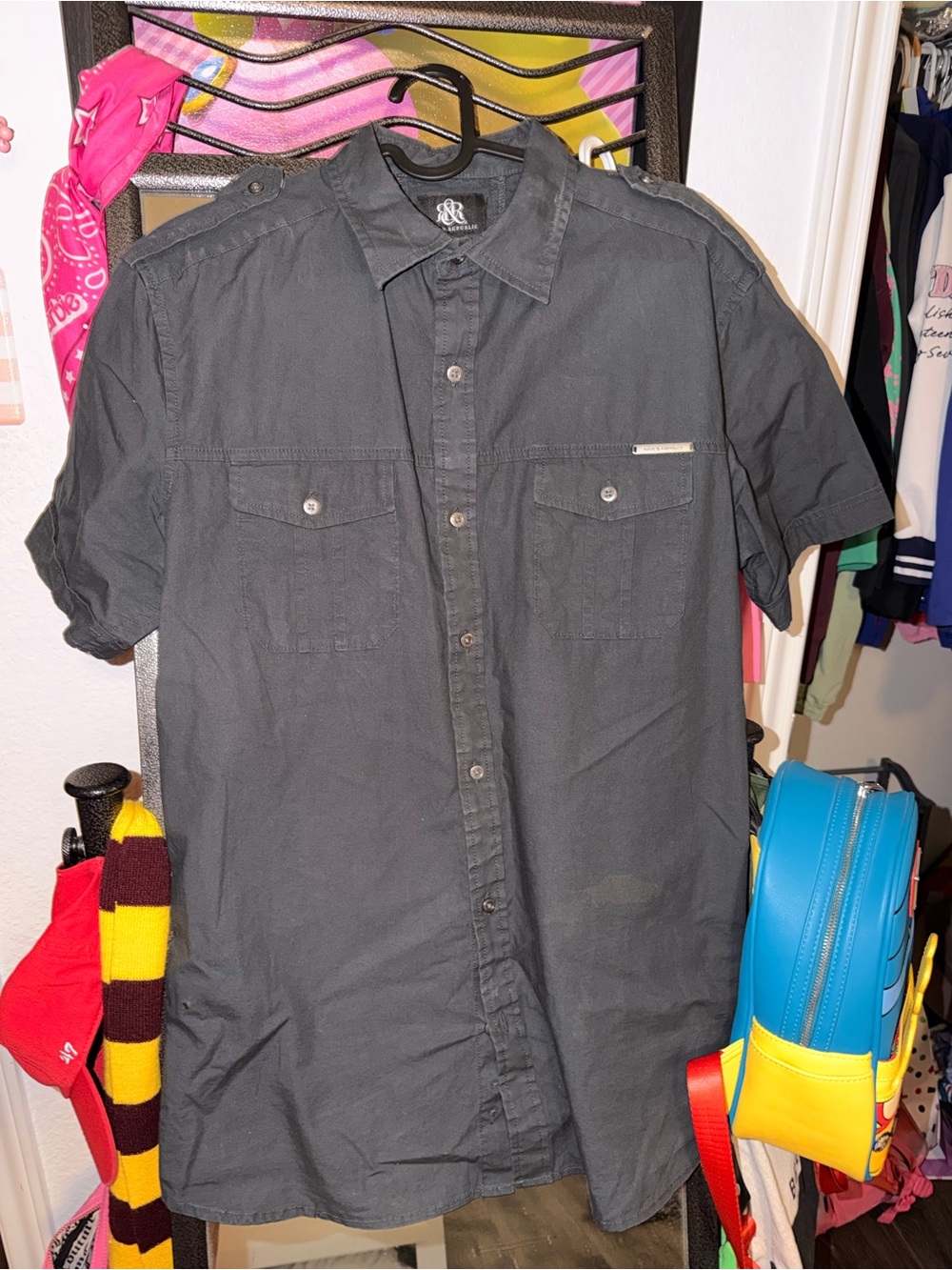 Short-Sleeve Rock & Republic Black Men's Button-Up Shirt size L